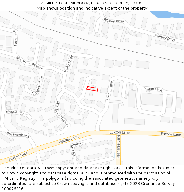 12, MILE STONE MEADOW, EUXTON, CHORLEY, PR7 6FD: Location map and indicative extent of plot