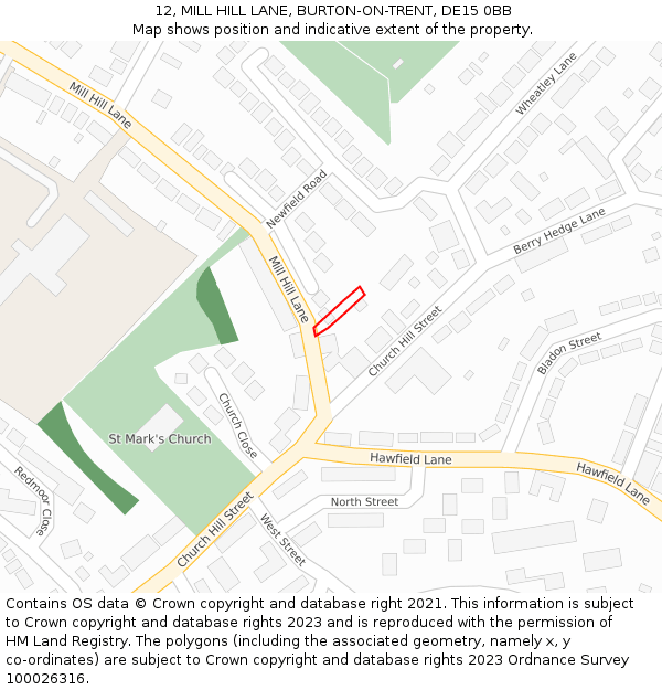 12, MILL HILL LANE, BURTON-ON-TRENT, DE15 0BB: Location map and indicative extent of plot