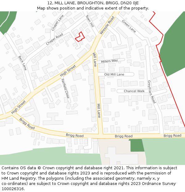 12, MILL LANE, BROUGHTON, BRIGG, DN20 0JE: Location map and indicative extent of plot