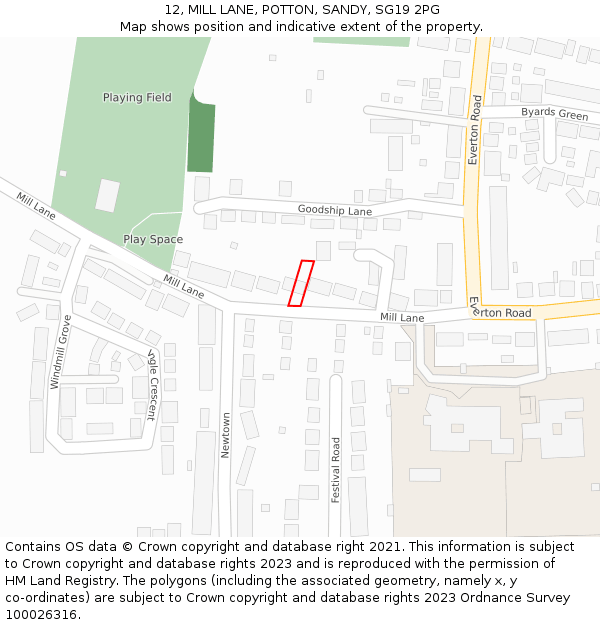 12, MILL LANE, POTTON, SANDY, SG19 2PG: Location map and indicative extent of plot