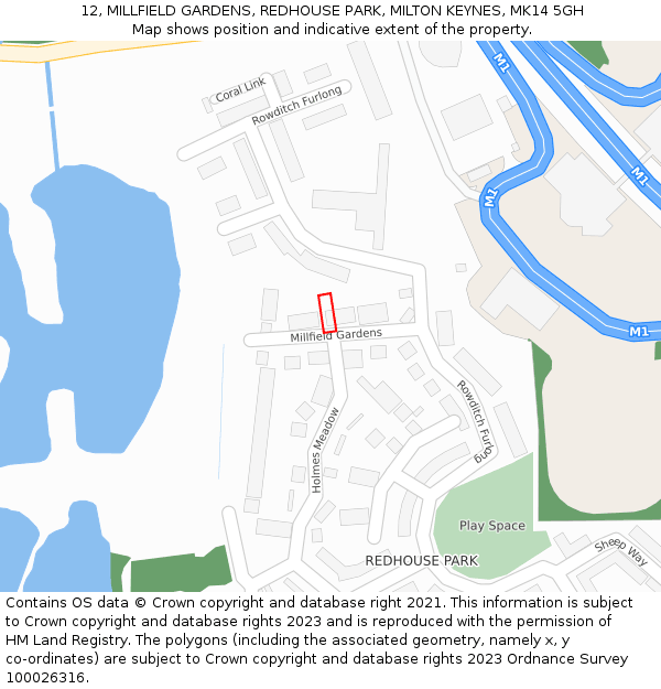 12, MILLFIELD GARDENS, REDHOUSE PARK, MILTON KEYNES, MK14 5GH: Location map and indicative extent of plot