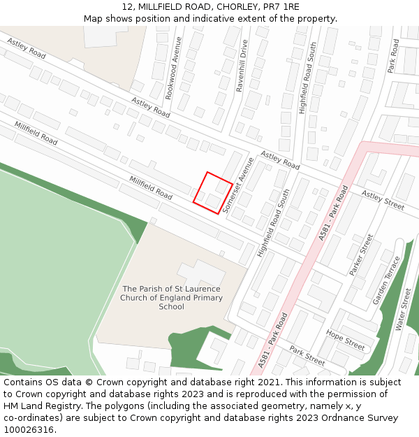 12, MILLFIELD ROAD, CHORLEY, PR7 1RE: Location map and indicative extent of plot