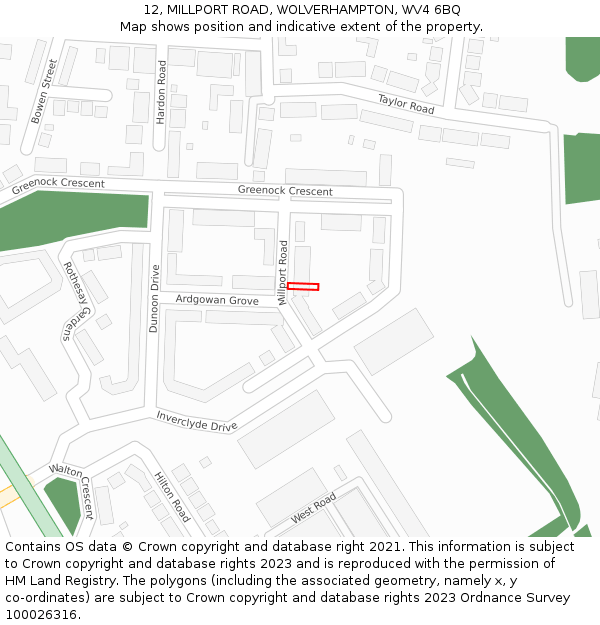 12, MILLPORT ROAD, WOLVERHAMPTON, WV4 6BQ: Location map and indicative extent of plot