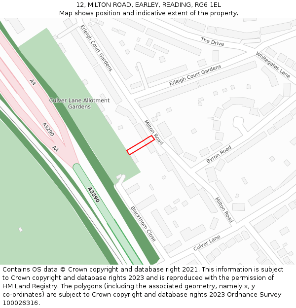 12, MILTON ROAD, EARLEY, READING, RG6 1EL: Location map and indicative extent of plot