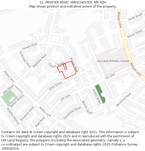 12, MINSTER ROAD, MANCHESTER, M9 4QH: Location map and indicative extent of plot