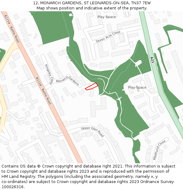 12, MONARCH GARDENS, ST LEONARDS-ON-SEA, TN37 7EW: Location map and indicative extent of plot