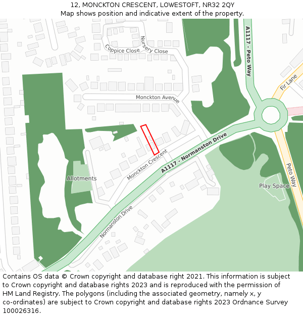 12, MONCKTON CRESCENT, LOWESTOFT, NR32 2QY: Location map and indicative extent of plot