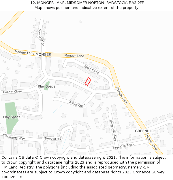 12, MONGER LANE, MIDSOMER NORTON, RADSTOCK, BA3 2FF: Location map and indicative extent of plot