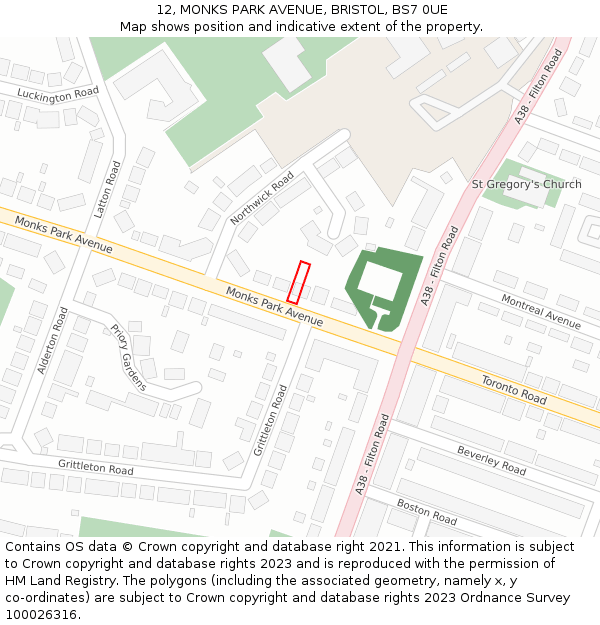 12, MONKS PARK AVENUE, BRISTOL, BS7 0UE: Location map and indicative extent of plot