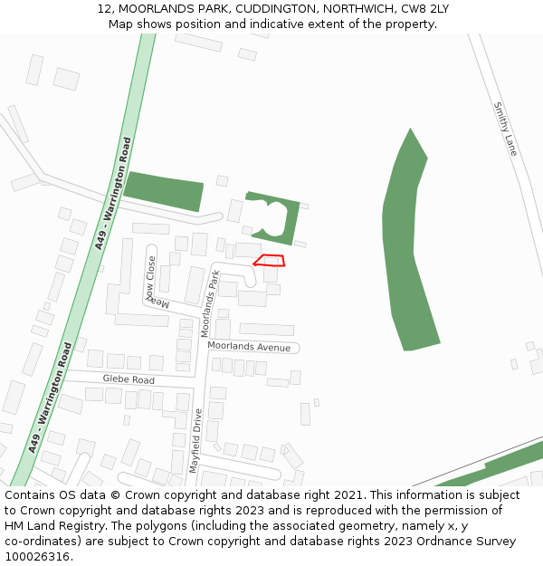 12, MOORLANDS PARK, CUDDINGTON, NORTHWICH, CW8 2LY: Location map and indicative extent of plot