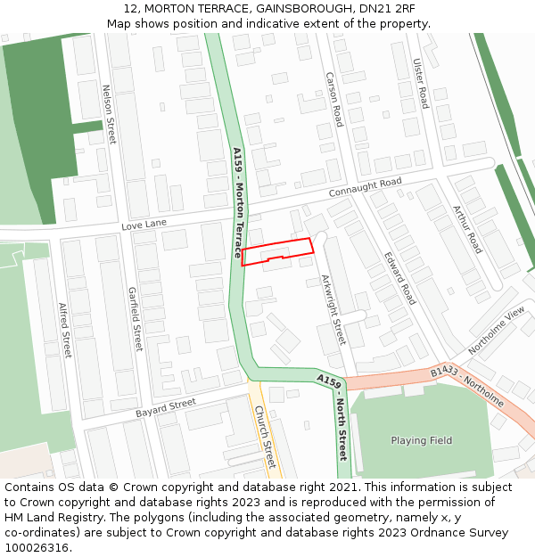 12, MORTON TERRACE, GAINSBOROUGH, DN21 2RF: Location map and indicative extent of plot