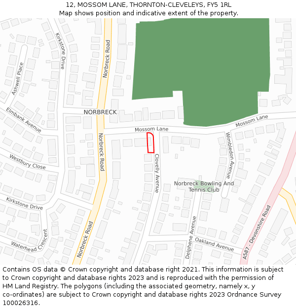 12, MOSSOM LANE, THORNTON-CLEVELEYS, FY5 1RL: Location map and indicative extent of plot
