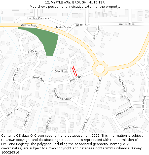 12, MYRTLE WAY, BROUGH, HU15 1SR: Location map and indicative extent of plot