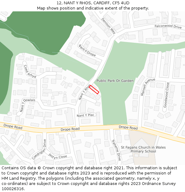 12, NANT Y RHOS, CARDIFF, CF5 4UD: Location map and indicative extent of plot