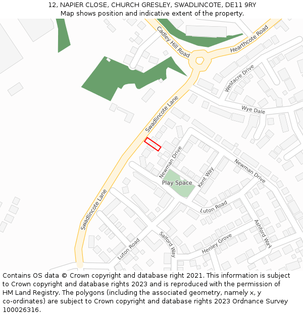 12, NAPIER CLOSE, CHURCH GRESLEY, SWADLINCOTE, DE11 9RY: Location map and indicative extent of plot