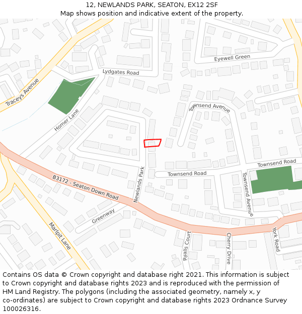 12, NEWLANDS PARK, SEATON, EX12 2SF: Location map and indicative extent of plot