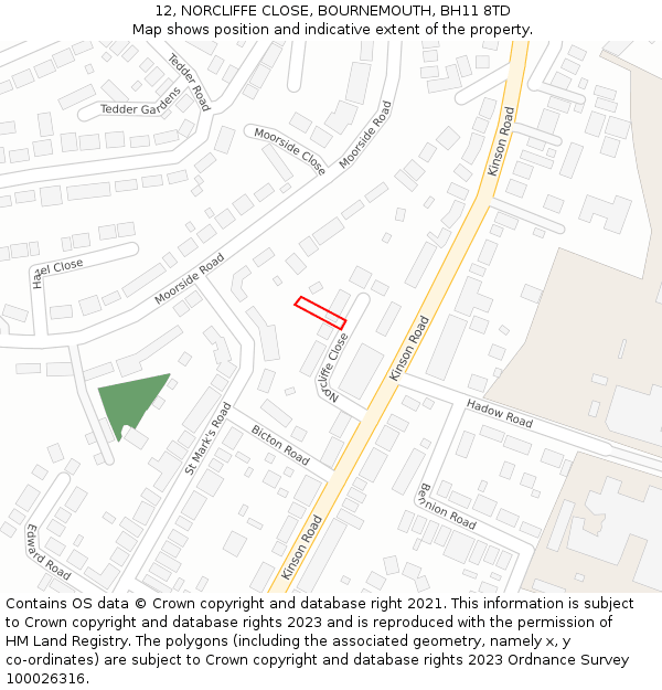 12, NORCLIFFE CLOSE, BOURNEMOUTH, BH11 8TD: Location map and indicative extent of plot