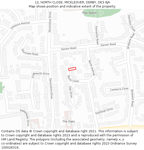 12, NORTH CLOSE, MICKLEOVER, DERBY, DE3 9JA: Location map and indicative extent of plot