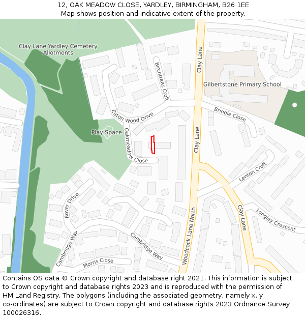 12, OAK MEADOW CLOSE, YARDLEY, BIRMINGHAM, B26 1EE: Location map and indicative extent of plot