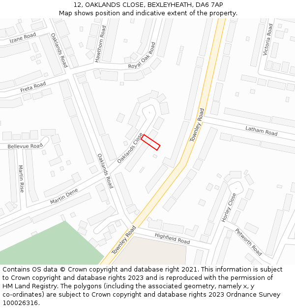 12, OAKLANDS CLOSE, BEXLEYHEATH, DA6 7AP: Location map and indicative extent of plot