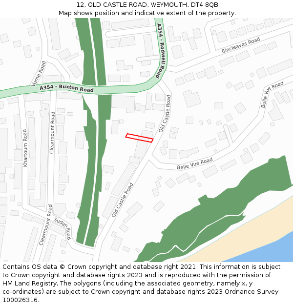 12, OLD CASTLE ROAD, WEYMOUTH, DT4 8QB: Location map and indicative extent of plot