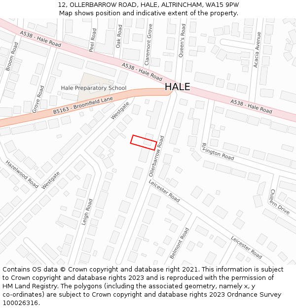 12, OLLERBARROW ROAD, HALE, ALTRINCHAM, WA15 9PW: Location map and indicative extent of plot