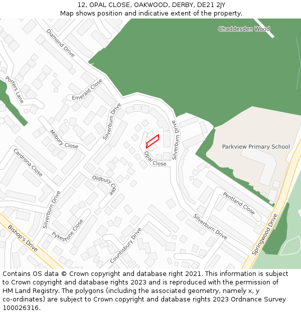 12, OPAL CLOSE, OAKWOOD, DERBY, DE21 2JY: Location map and indicative extent of plot