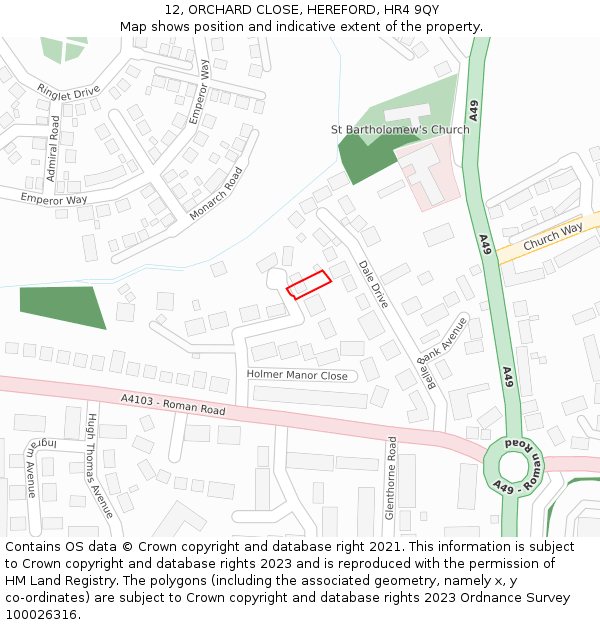 12, ORCHARD CLOSE, HEREFORD, HR4 9QY: Location map and indicative extent of plot