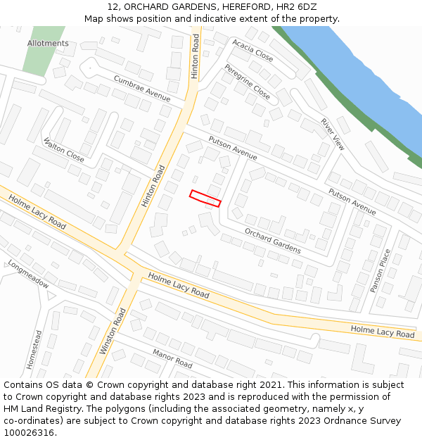 12, ORCHARD GARDENS, HEREFORD, HR2 6DZ: Location map and indicative extent of plot