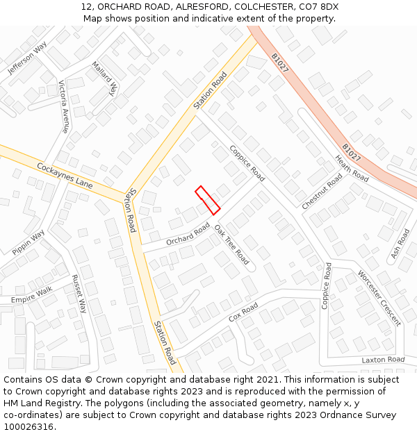 12, ORCHARD ROAD, ALRESFORD, COLCHESTER, CO7 8DX: Location map and indicative extent of plot