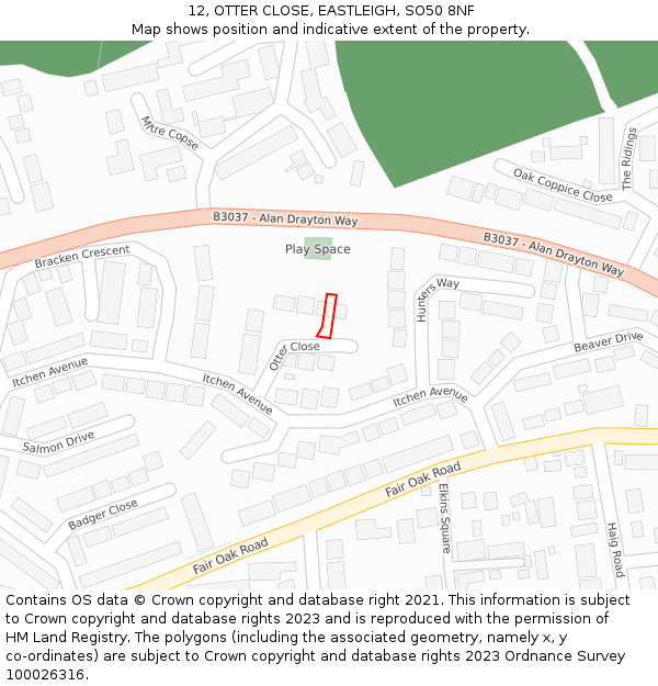 12, OTTER CLOSE, EASTLEIGH, SO50 8NF: Location map and indicative extent of plot