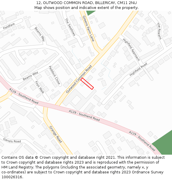 12, OUTWOOD COMMON ROAD, BILLERICAY, CM11 2NU: Location map and indicative extent of plot