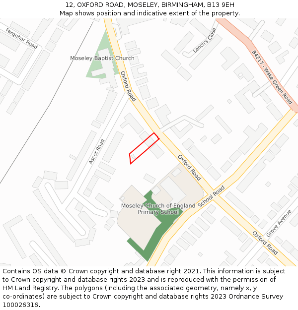 12, OXFORD ROAD, MOSELEY, BIRMINGHAM, B13 9EH: Location map and indicative extent of plot