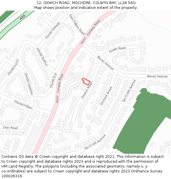 12, OXWICH ROAD, MOCHDRE, COLWYN BAY, LL28 5AG: Location map and indicative extent of plot