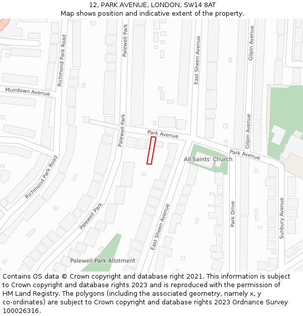 12, PARK AVENUE, LONDON, SW14 8AT: Location map and indicative extent of plot