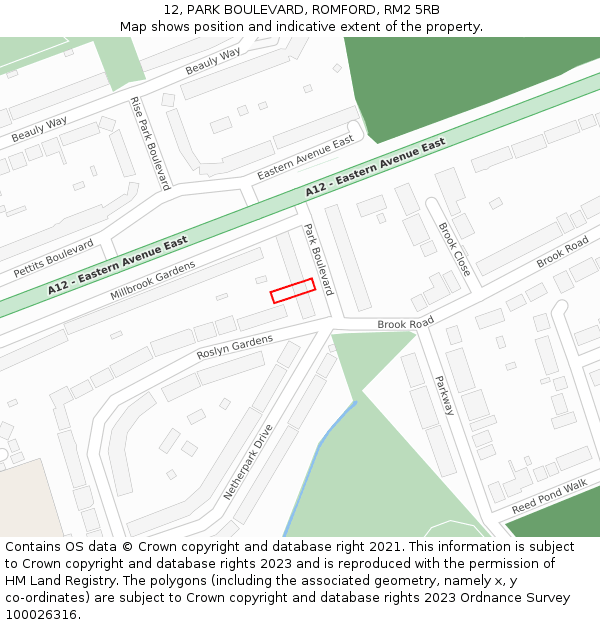 12, PARK BOULEVARD, ROMFORD, RM2 5RB: Location map and indicative extent of plot