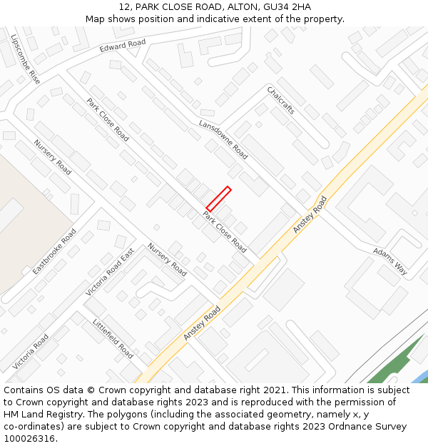 12, PARK CLOSE ROAD, ALTON, GU34 2HA: Location map and indicative extent of plot