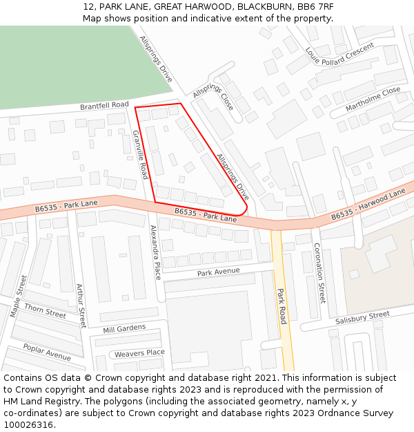12, PARK LANE, GREAT HARWOOD, BLACKBURN, BB6 7RF: Location map and indicative extent of plot
