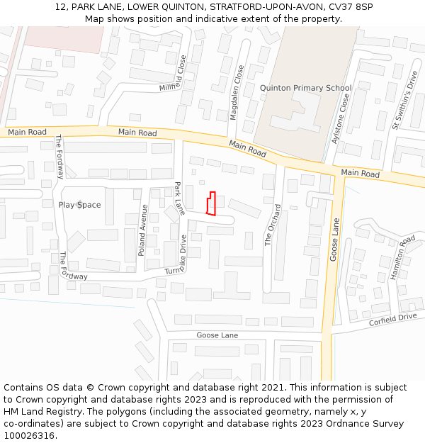 12, PARK LANE, LOWER QUINTON, STRATFORD-UPON-AVON, CV37 8SP: Location map and indicative extent of plot