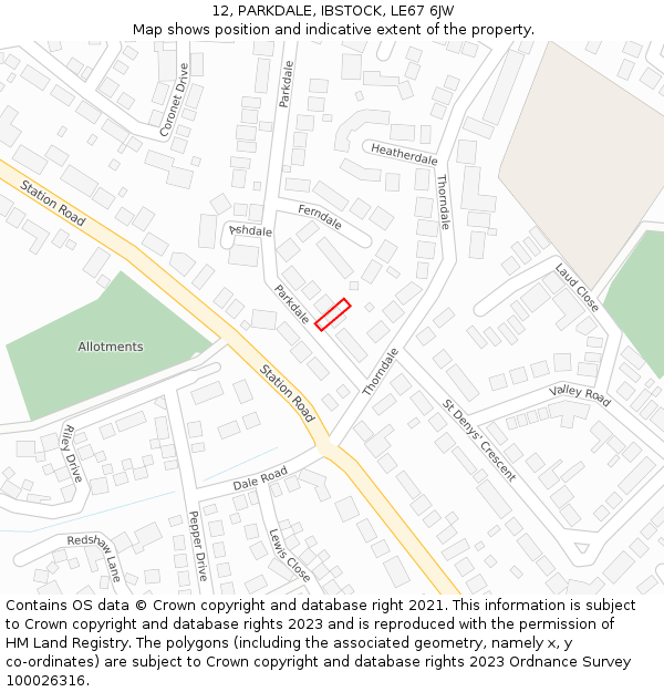 12, PARKDALE, IBSTOCK, LE67 6JW: Location map and indicative extent of plot