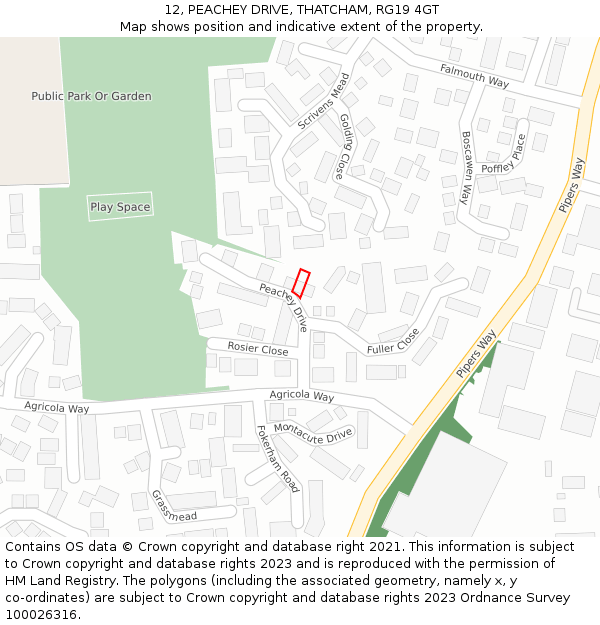 12, PEACHEY DRIVE, THATCHAM, RG19 4GT: Location map and indicative extent of plot