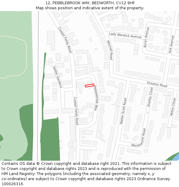 12, PEBBLEBROOK WAY, BEDWORTH, CV12 9HF: Location map and indicative extent of plot