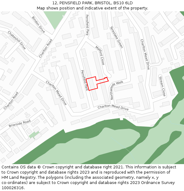 12, PENSFIELD PARK, BRISTOL, BS10 6LD: Location map and indicative extent of plot