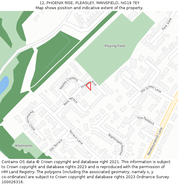 12, PHOENIX RISE, PLEASLEY, MANSFIELD, NG19 7EY: Location map and indicative extent of plot