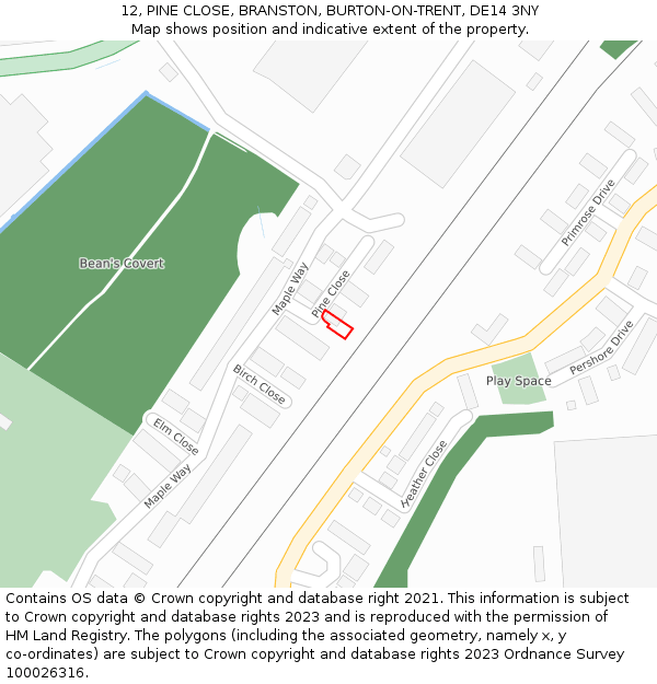 12, PINE CLOSE, BRANSTON, BURTON-ON-TRENT, DE14 3NY: Location map and indicative extent of plot