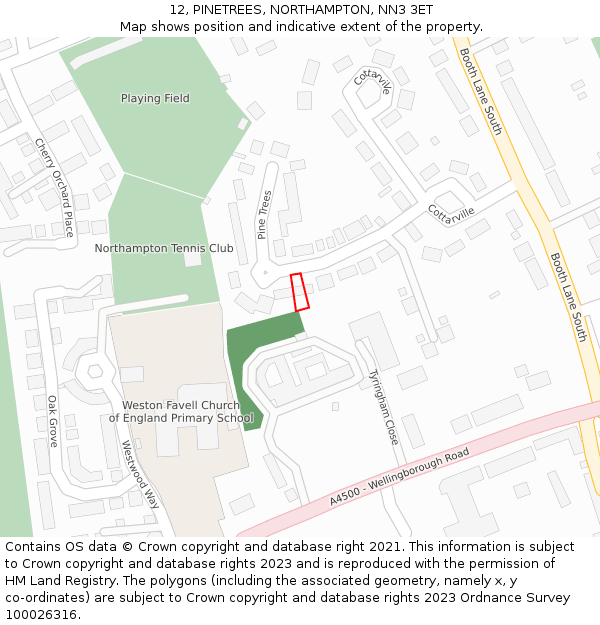 12, PINETREES, NORTHAMPTON, NN3 3ET: Location map and indicative extent of plot