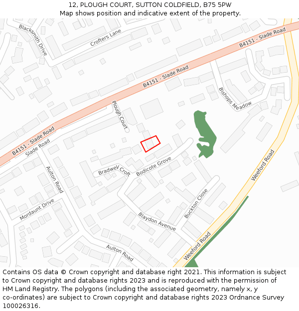 12, PLOUGH COURT, SUTTON COLDFIELD, B75 5PW: Location map and indicative extent of plot