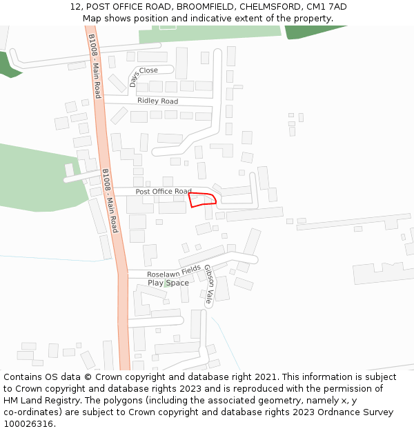 12, POST OFFICE ROAD, BROOMFIELD, CHELMSFORD, CM1 7AD: Location map and indicative extent of plot