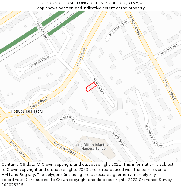 12, POUND CLOSE, LONG DITTON, SURBITON, KT6 5JW: Location map and indicative extent of plot