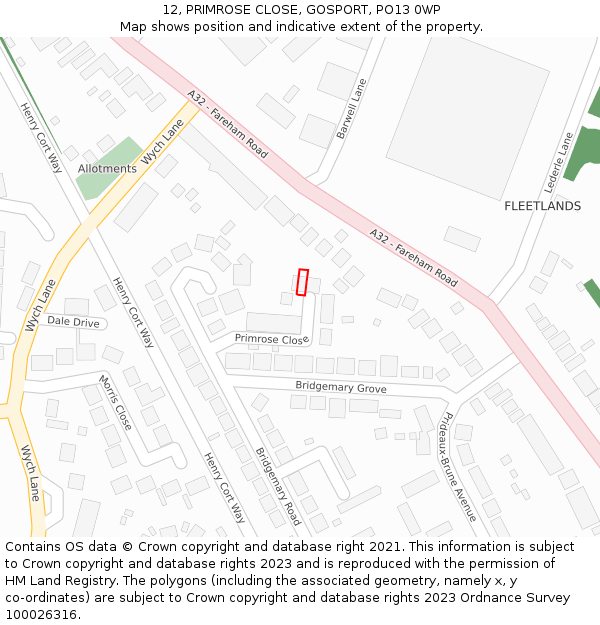 12, PRIMROSE CLOSE, GOSPORT, PO13 0WP: Location map and indicative extent of plot